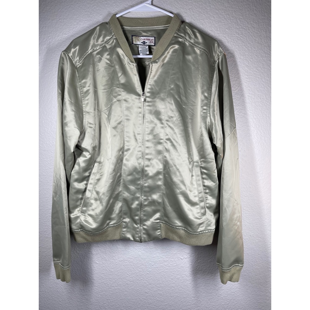 Caribbean Joe Womens Sz large Satin Bomber Jacket Lightweight Zip Front
